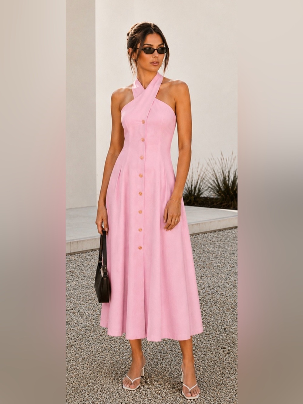 Commense Pink Halter-Button Midi Dress